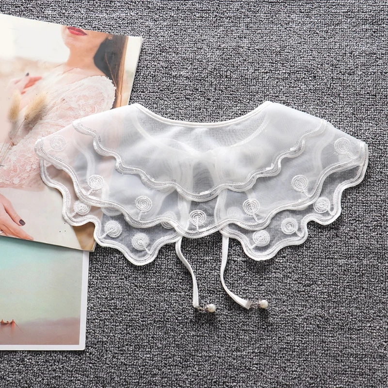 

Embroidery Sequins Wavy Trim Fake Collar Shawl Double Layer Organza Necklace XX9D