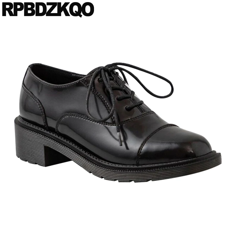 Beli Sepatu Wanita Mewah 2021 Desain Bulu Hitam Berenda Modis Tebal Kulit Paten Ujung Bundar Pump Blok Baru Ukuran 4 34 Hak Sedang