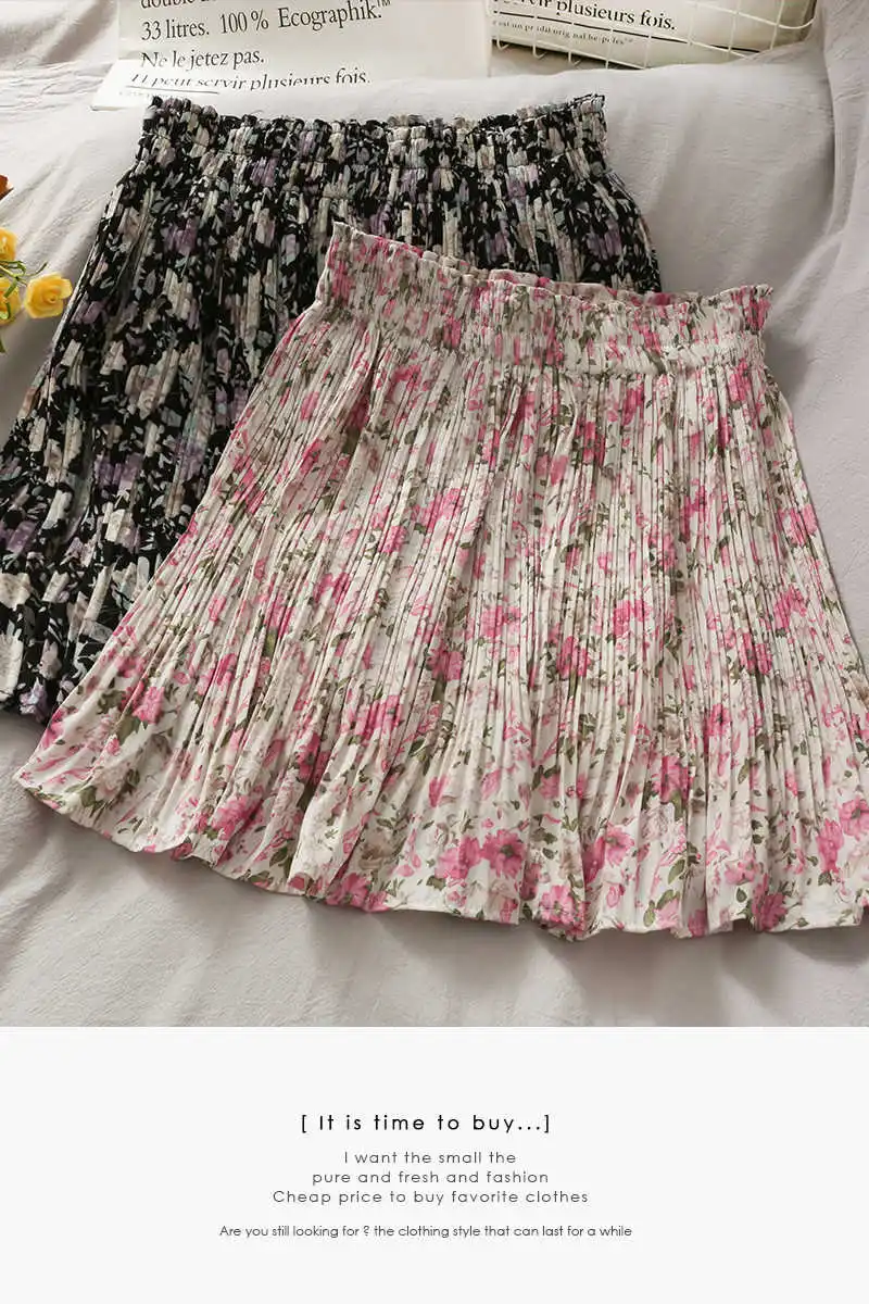 

Hong Kong Style elastic waist thin printing pleated skirt for women 2021