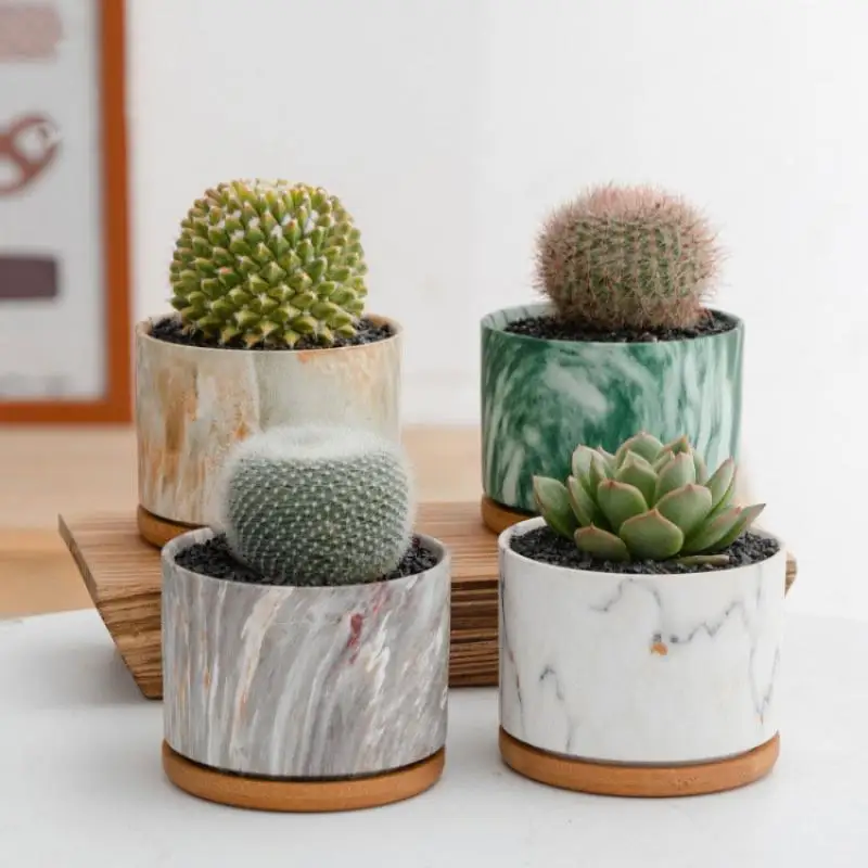

4pcs/Set European Style Vase Marble Striped Succulent Flower Pot With Base And Hole Ceramics Succulent Desktop Ornaments