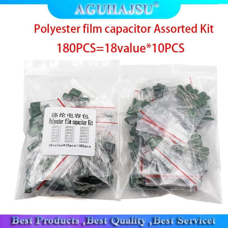 

180PCS=18value*10PCS Polyester film capacitor Assorted Kit contains 2A104J 2A332J 2A472J 2A103J 2A333J 2A473J 2A563J 2A223J