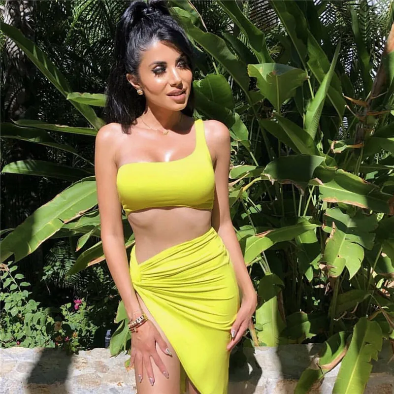 

CHRONSTYLESexy 2 Piece Women's Set Sleeveless Off Shoulder Tank Vest Bra Crop Tops High Waist Side Split Skirt Bandage Clubwear