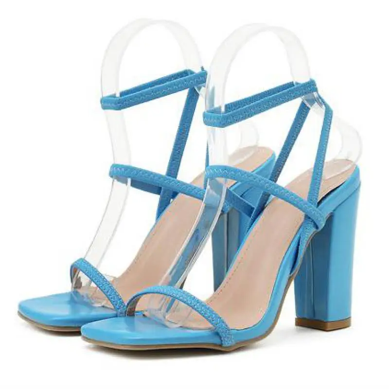 

2021 Summer New Women's Shoes Thick Heel Elastic Band Square Toe High Heels Sandals Women Ankle Strap Lady Shoe Sandali Eleganti