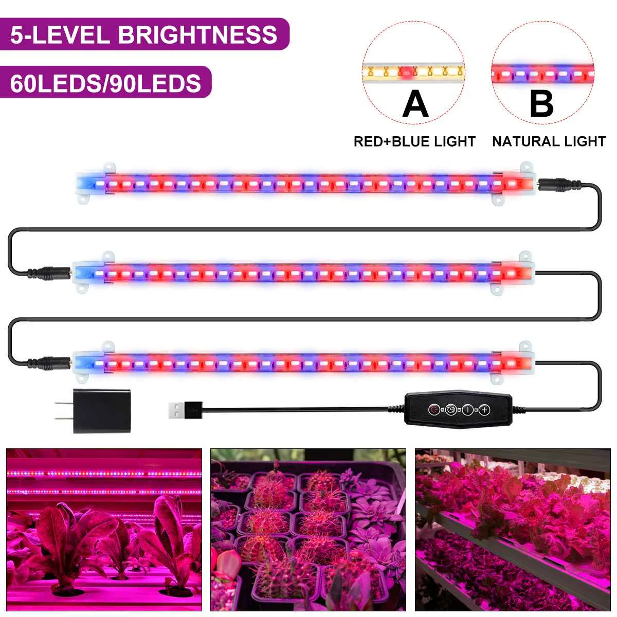220v 90 Leds  60 Leds Led Grow Tube With Eu Plug Sunlike Full Spectrum For Indoor Flower Rack Plants Growing.
