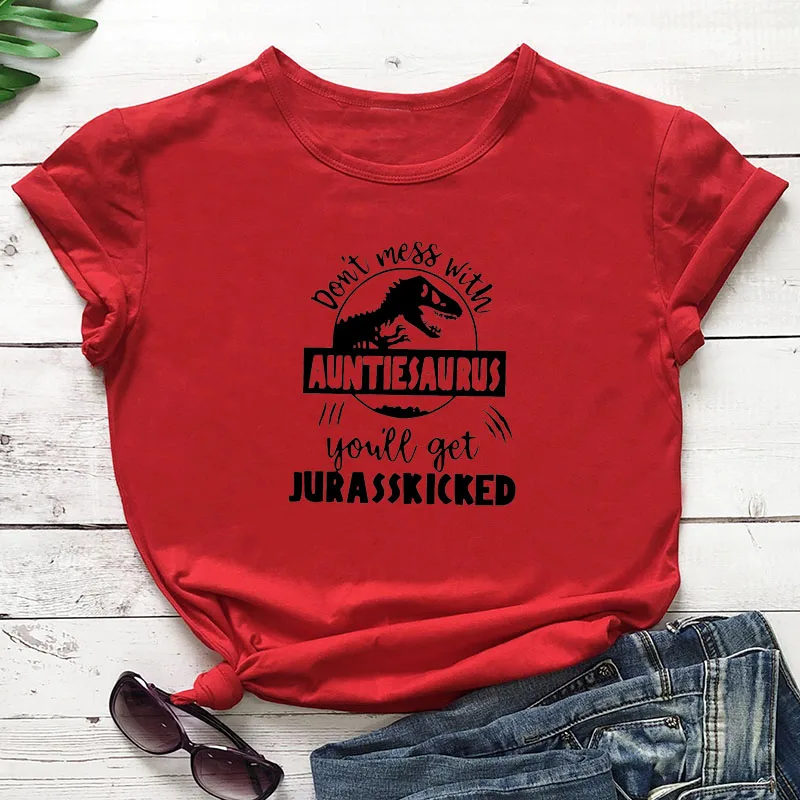 red-black text Не связывайтесь с AuntieSaurus Новое поступление графическая женская летняя забавная футболка из хлопка Auntie рубашка подарок для тети лучшая тётя когда-либо - Цвет: red-black text