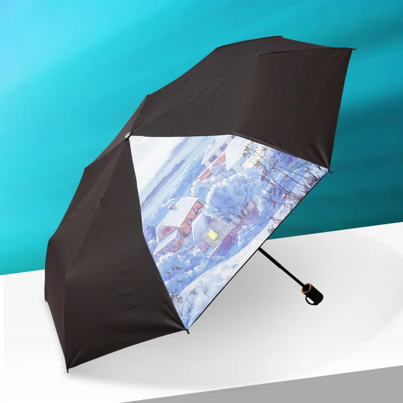 

Original Personality Sunny Rain Umbrella Three Folding Vinyl Sunscreen Umbrella Oil Painting Sunshade Creative Sun Umbrella