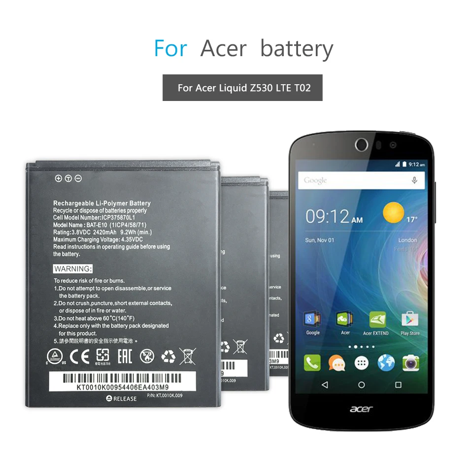BAT-E10 Mobile Phone Battery For Acer Liquid Z530 LTE T02 Z530S BAT E10 BAT-E10 (1ICP4/58/71) ICP9375870L1 2420mAh