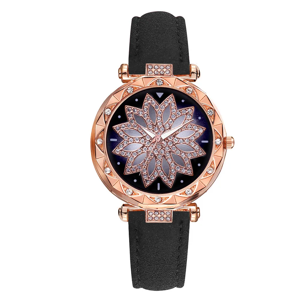 

New Belt Casual Watch Simple Diamond Flower Dial Leather Quartz Watch Top Brand Waterproof Flower Wristwatch часы женские
