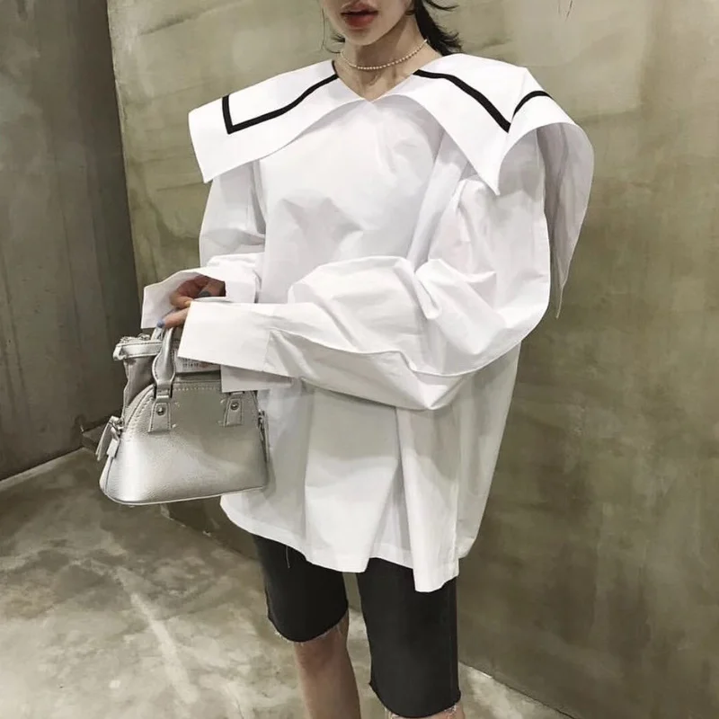 2020 Blouses Spring Autumn Long Puff Sleeve White Sailor Collar Loose Plus Size Blouse Korean Fashion Clothes Casual Woman Shirt