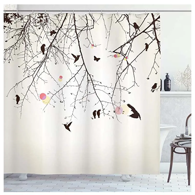 

Nature Shower Curtain, Tree Branches Birds and Flowers Floral Spring Season Sunbeams Art, Cloth Fabric Bathroom Decor Set , Pink