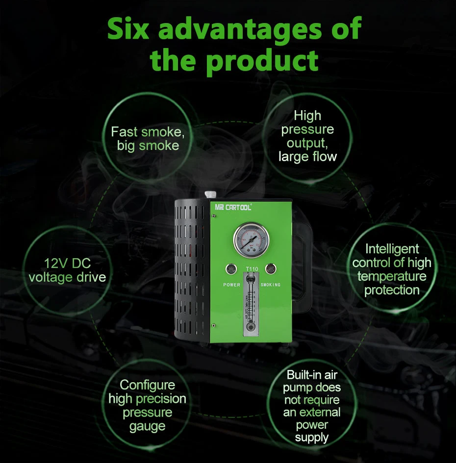 MR CARTOOL новое обновление T110 машины для дыма автомобиля для универсальных автомобилей 12 В DC детекторы утечки труб Авто диагностический инструмент