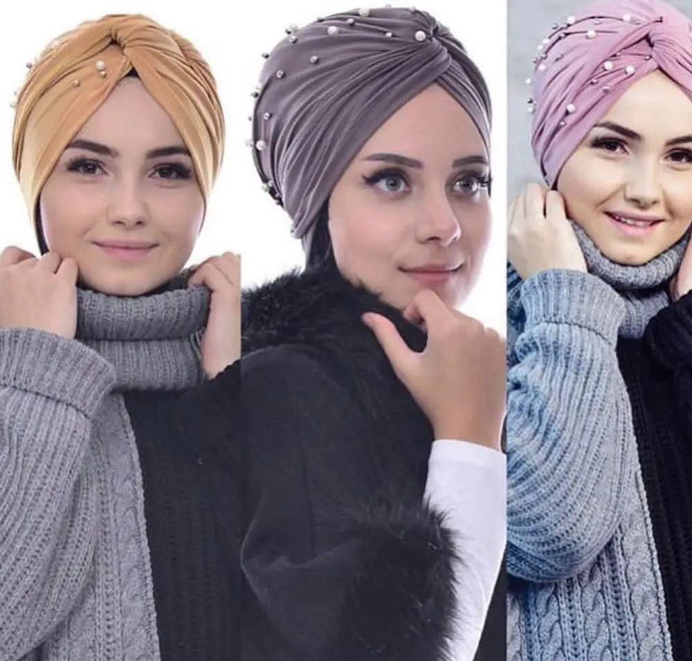 

JTVOVO RUNMEIFA 2021 New Muslim Women's Cotton Beaded Cross Headscarf Pure Color Stylish Hijab