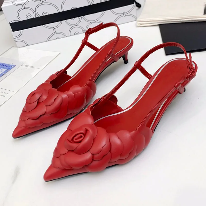 

2021 Soft Real Leather Gladiator Sandals Women Pointed Toe Red White Flower Slingback Kitty Heels Shoes Woman Sexy Party Shoes