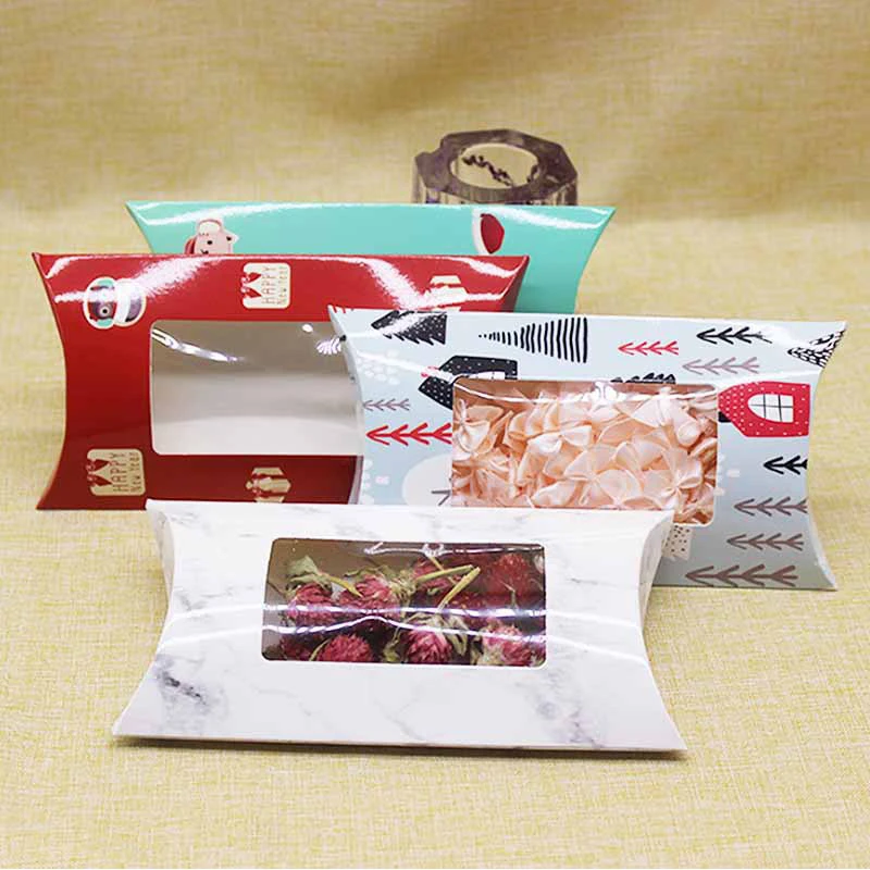 

10pcs Paper Pillow Shape With Window Christmas Candy Gift Boxes For Birthday Party Decoration Supplies Wedding Favor Packaging