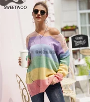 womens pullover sweaters side split rainbow stripe patchwork o neck long sleeve loose knitted tops autumn winter 2021
