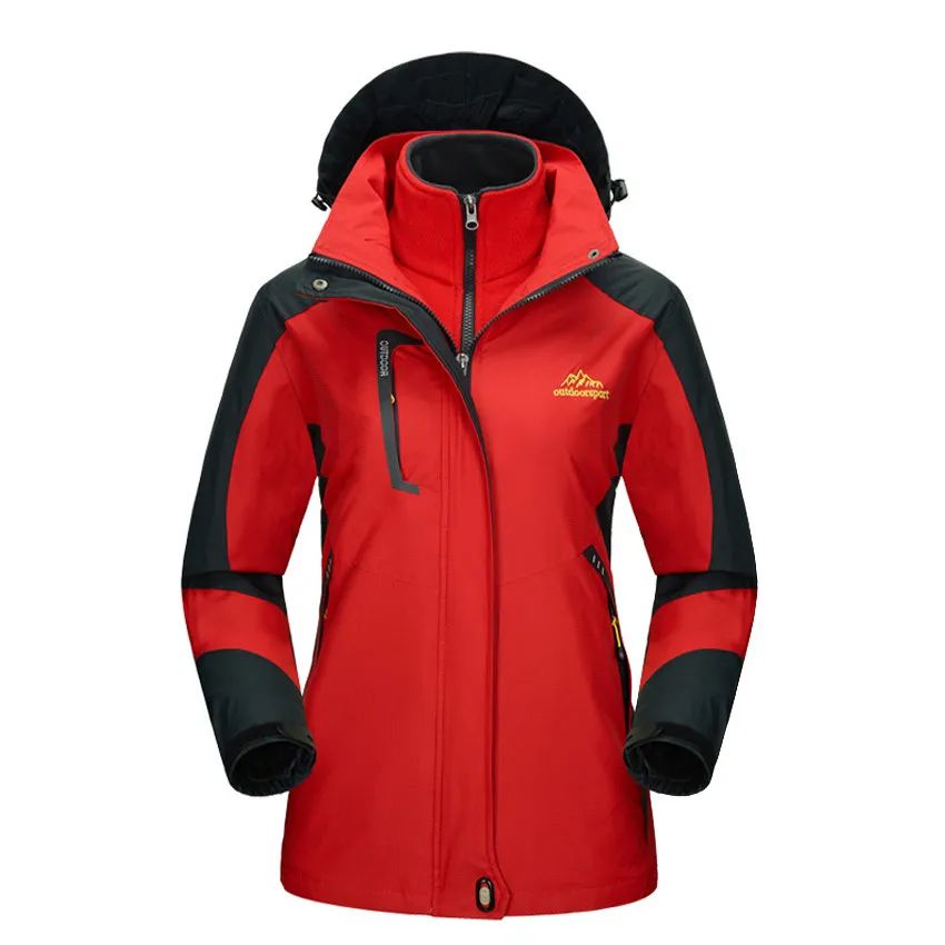 Women Red Зимняя флисовая куртка из 2 предметов для походов и кемпинга для мужчин и женщин, водоотталкивающая теплая брендовая куртка с капюшоном VA299 - Цвет: Women Red