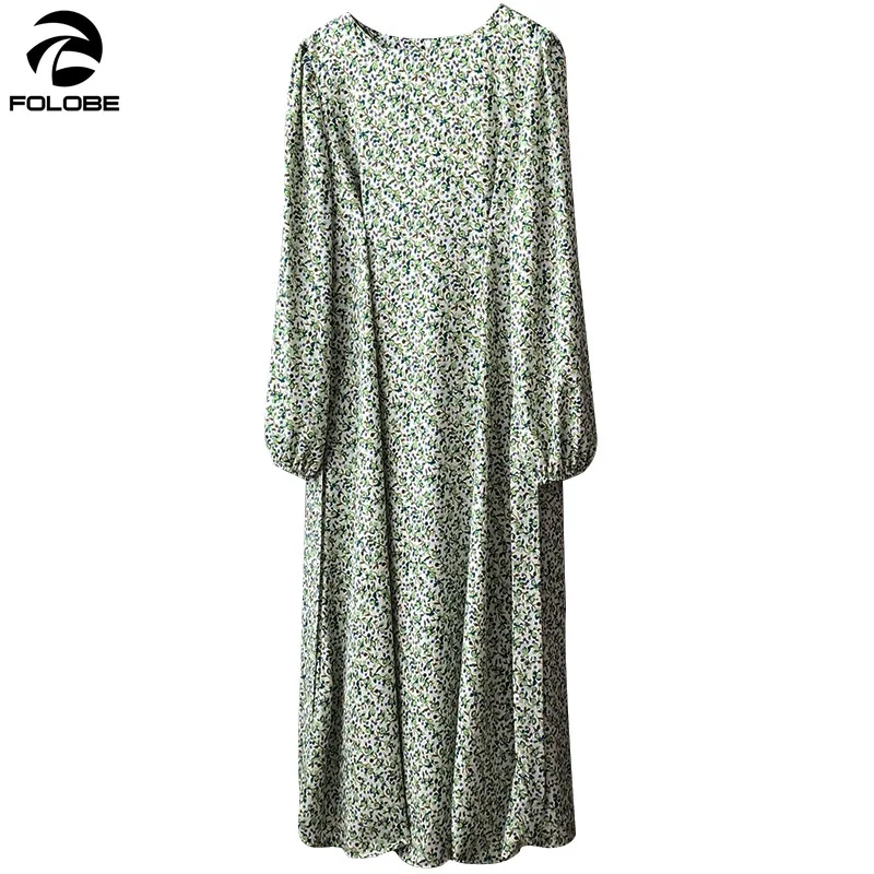 

FOLOBE 2021 Spring Floral Dresses Women Lantern Sleeve O-neck Pleated Sashes A-line Midi-calf Dress Female vestido feminino