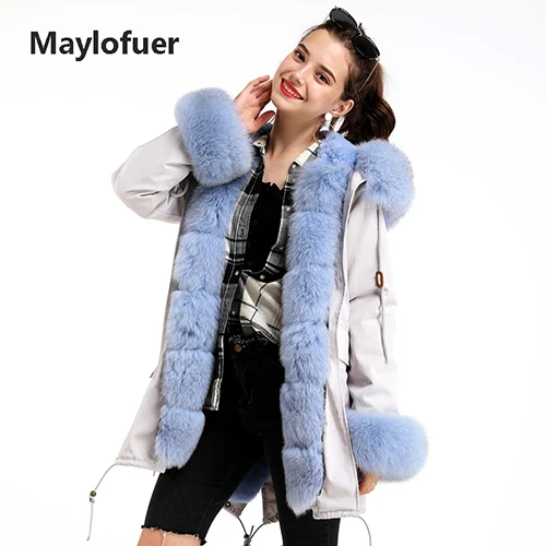 Maylofuer с капюшоном натуральная черно-бурая лиса меховая парка съемный мех кролика рекс лайнер жакет, женский пиджак с манжеты из лисьего меха на рукавах - Цвет: rabbit liner