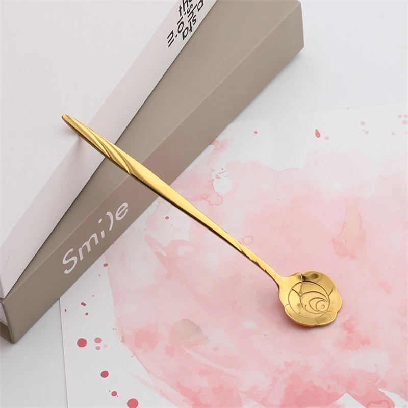

1PC Gold Color Stainless Steel Spoon Tableware Flower Design Spoon Dessert Coffee Long Handle Tea Spoons Kitchen Tableware Tools
