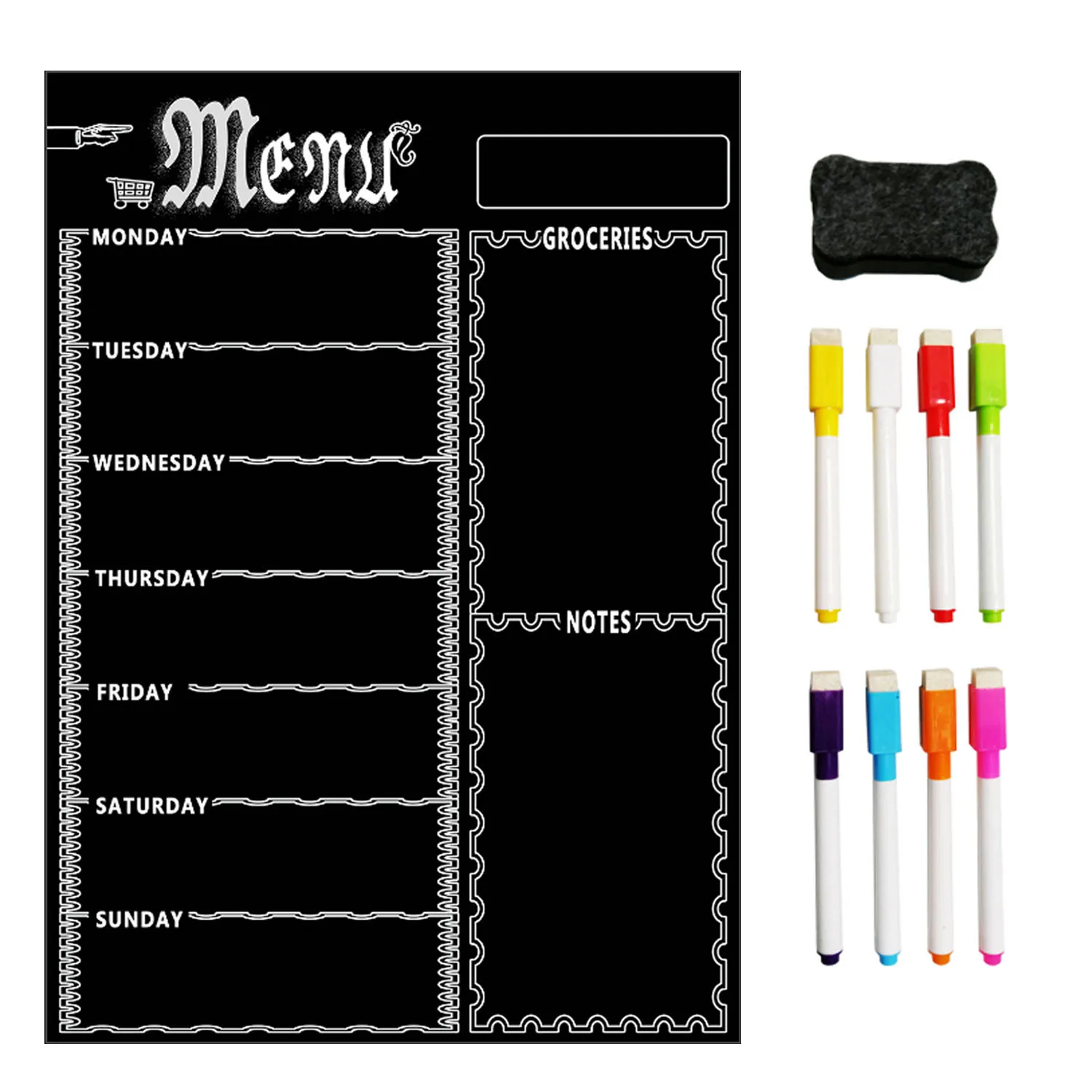 Black Magnetic Menu Board Kitchen Fridge Board with 8 Color Chalk Markers Dry Erase Weekly Planner Grocery Chalkboard for Refrigerator - Color: Black