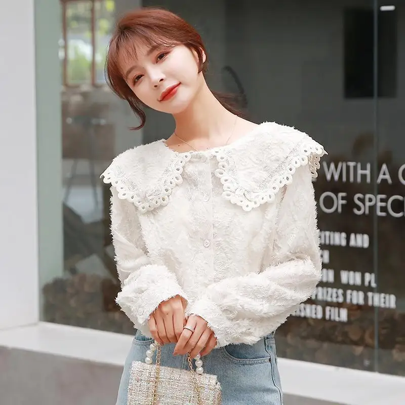 

2021 Spring Autumn New Elegant Tops Women Shirt Lace Solid Color Long Sleeve Doll Collar Korean Style Loose Blouse Blusas Y336