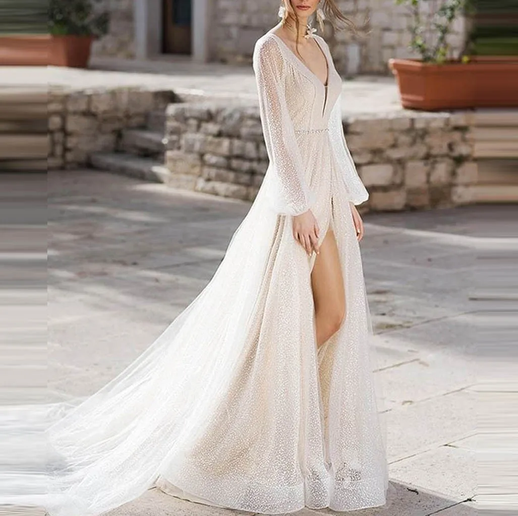 Женское платье с глубоким v образным вырезом однотонное белое кружевное длинным