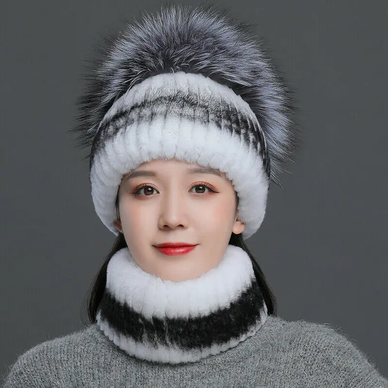 Real Rex Rabbit Fur Hat Scarf Sets Winter Warm Beanie Cap Handmade Fluffy Soft