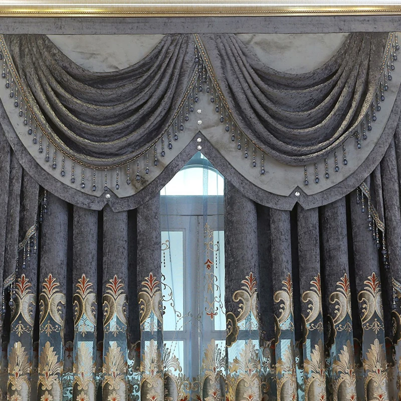 

Blue/Grey Luxury Embroidered Curtains for Living Room Bedroom Floral Pattern Grommet Chenille Curtain Drapes Window Treatment#VT
