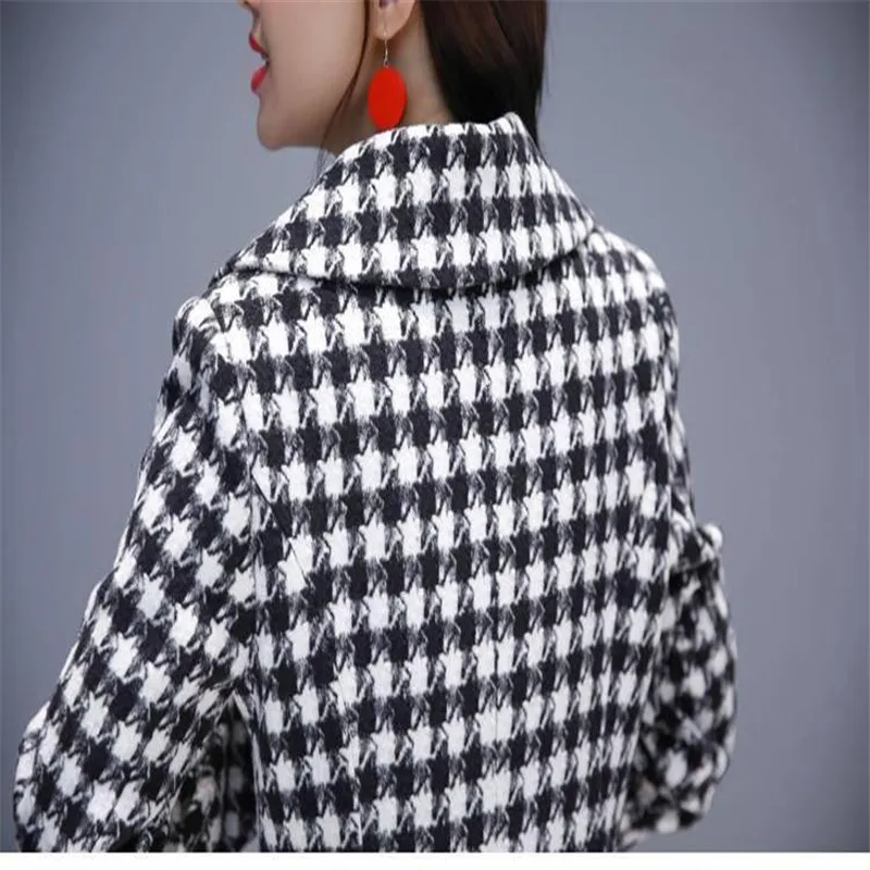 

Woolen Coat Women High Quality Long Houndstooth Ladies Cloak Autumn Winter Thicken Loose Lapel Jacket Female LR1703