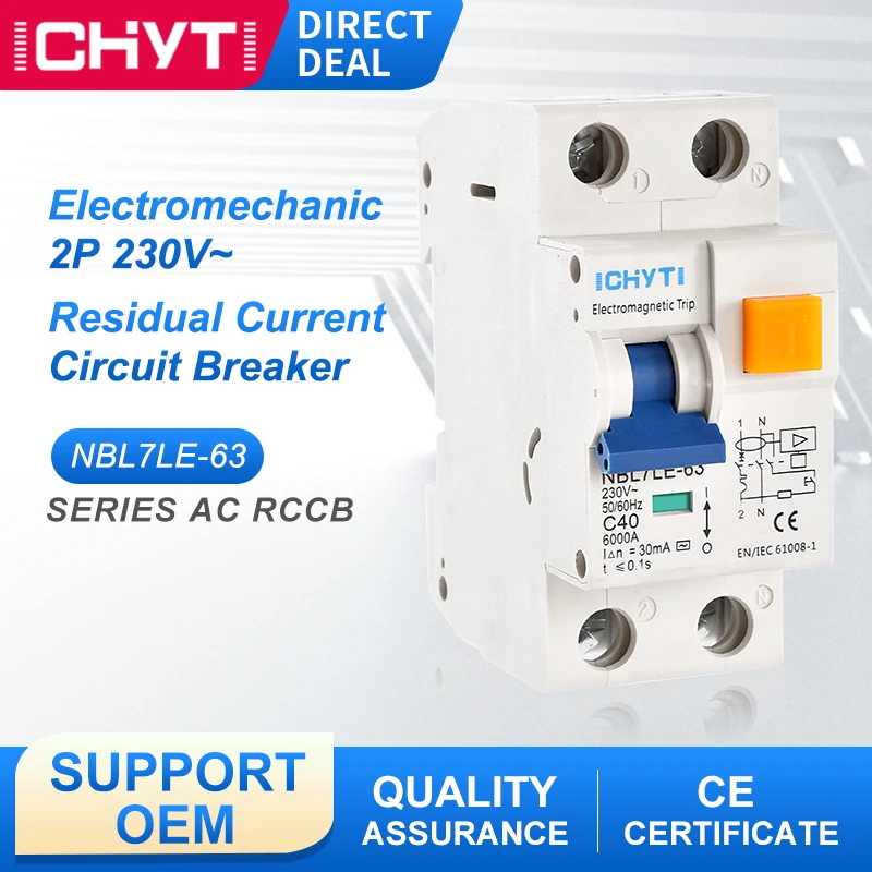 

ICHYTI NBL7LE-63 2P 63A 30mA 6KA RCCB 230V Electromechanic Residual Current Circuit Breaker Differential Breaker Safety Switch