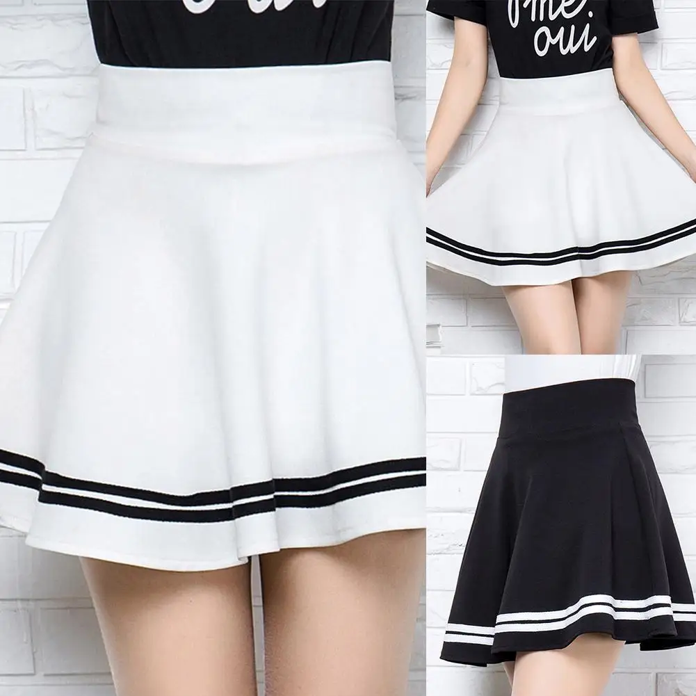 

Women Girls SEXY Pleated A-line Mini Skirts Black White Elastic High Waist Korean Striped Sweetweart Female Dance Skirt S-XL