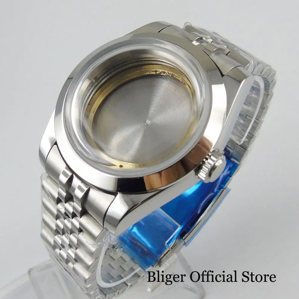 Polished BLIGER 40mm Watch Case with Mineral Glass + Watch Jubilee Band Fit ETA 2836 MIYOTA Movement
