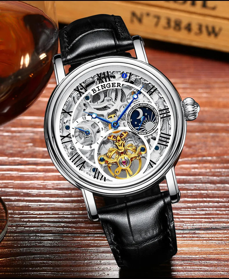 Швейцария БИНГЕР часы для мужчин люксовый бренд Tourbillon Relogio Masculino водостойкие Скелет механические часы B-1171-3