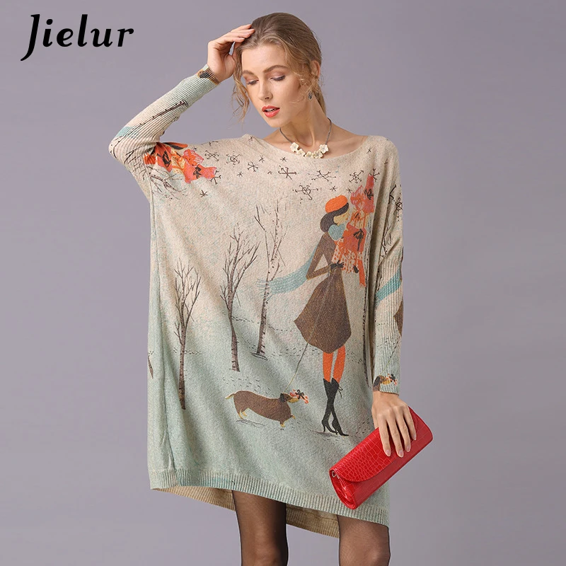 Jielur водолазка свитер для женщин мультфильм печатных с длинным рукавом джемпер