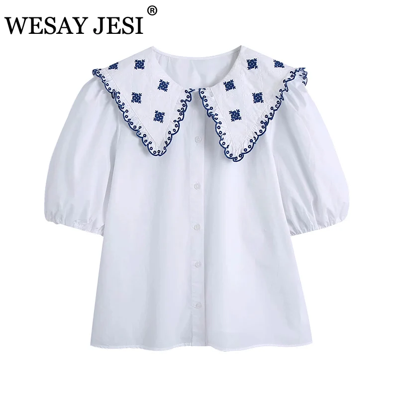

WESAY JESI 2021 Spring Top Embroidered Poplin Shirt Single Breasted Simple Daily Casual Short Sleeve Fashion Temperament Shirt