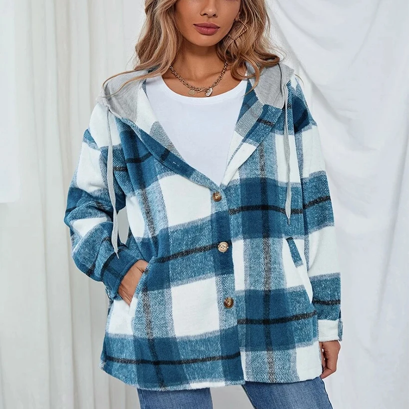 

Wools осень 2021, модные женские пальто в клетку, с капюшоном, на шнуровке, Свободные повседневные куртки с карманами, верхняя одежда, большие раз...