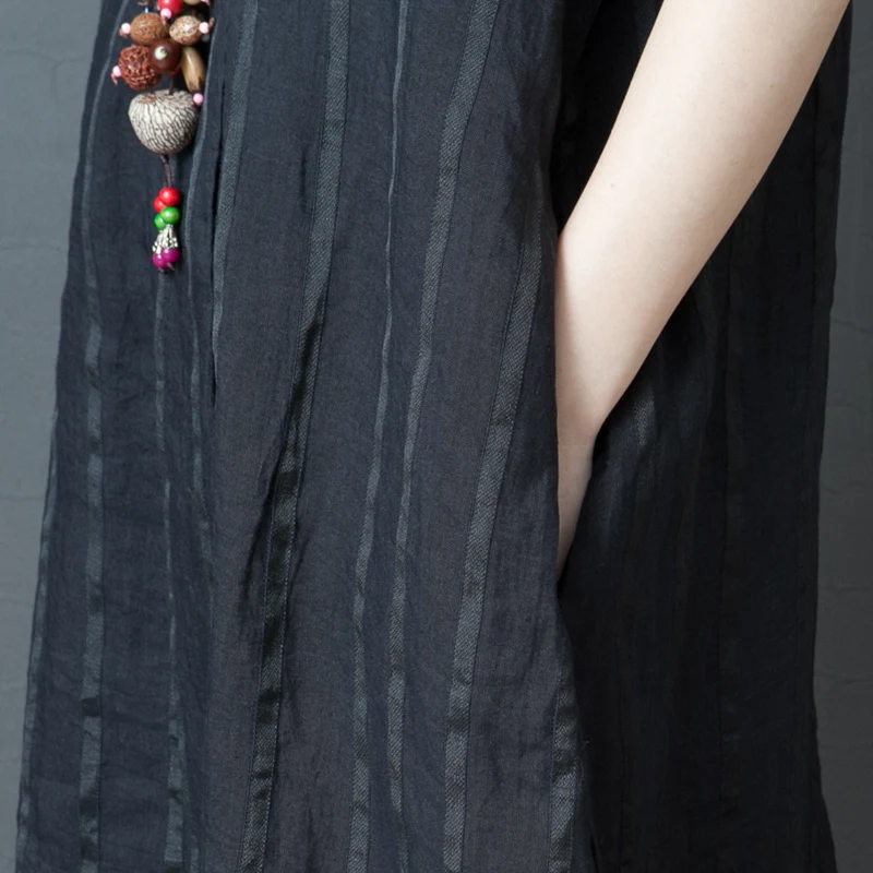 

Cotton linen dress women's summer 2021 new loose large stripe slim medium long short sleeve linen shirt