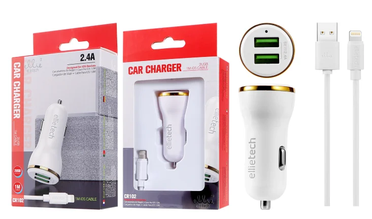 

Ellietech Car Charger 2.4A Dual USB Charger Quick Charge Tablet GPS With 1M IOS Cable.