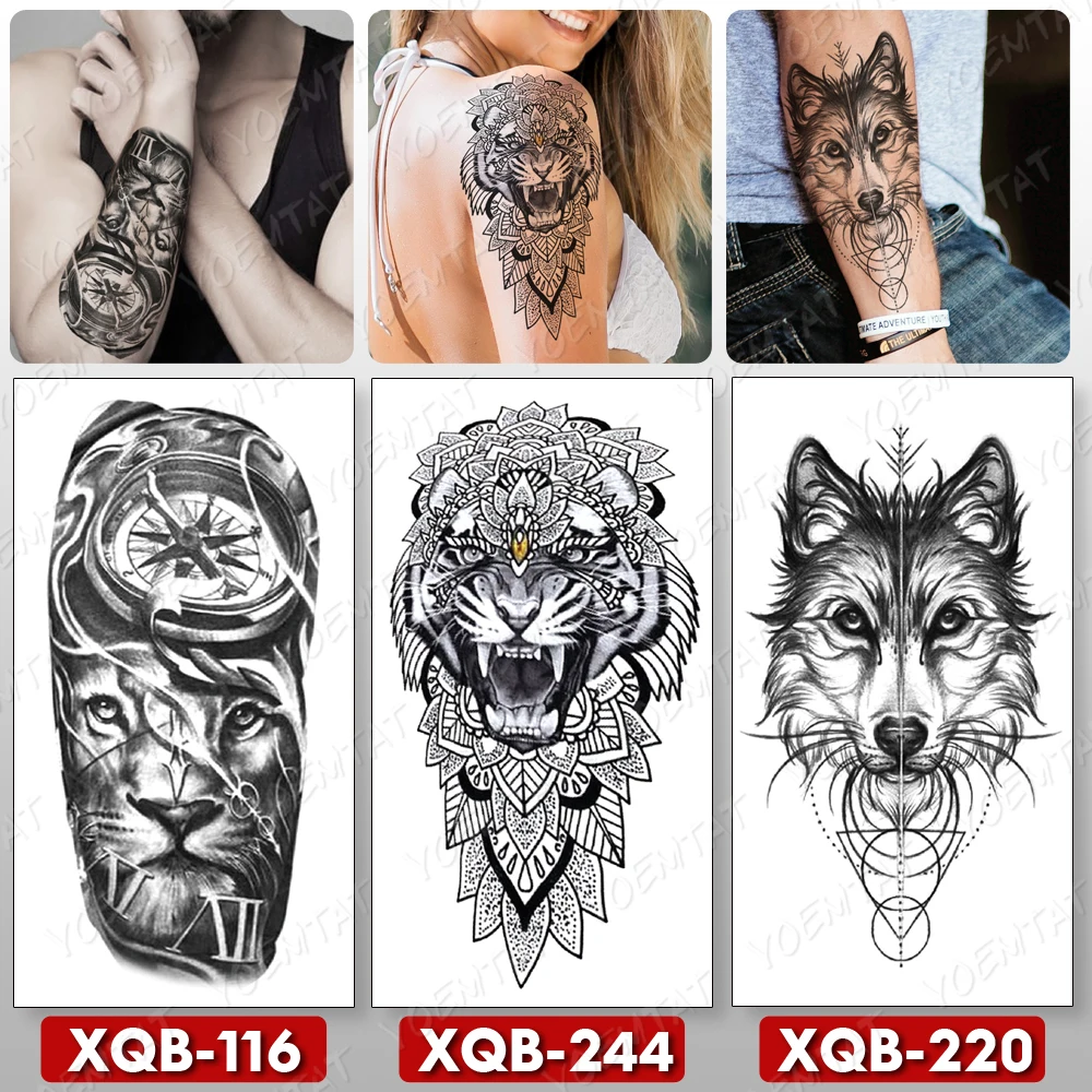 

3pcs Lion Lobo Temporary Tattoo Sticker Waterproof Tiger Wolf Jaguar Black Tatu Arm Shoulder Men Women Glitter Tato Body Art