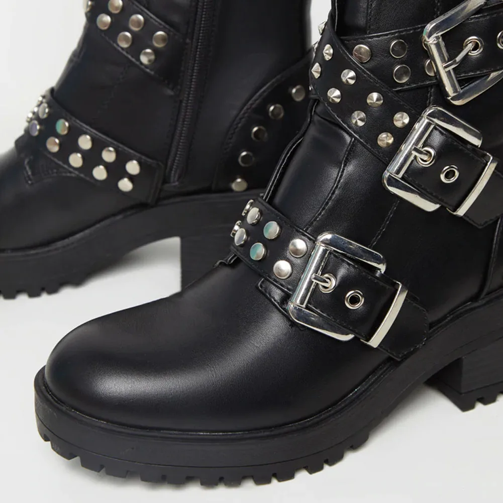 

BONJOMARISA INS Girls Buckle Punk Ankle Boots Autumn Rivet Motocycle Platform Boots Womne Fashion Zipper Square Heel Shoes Woman
