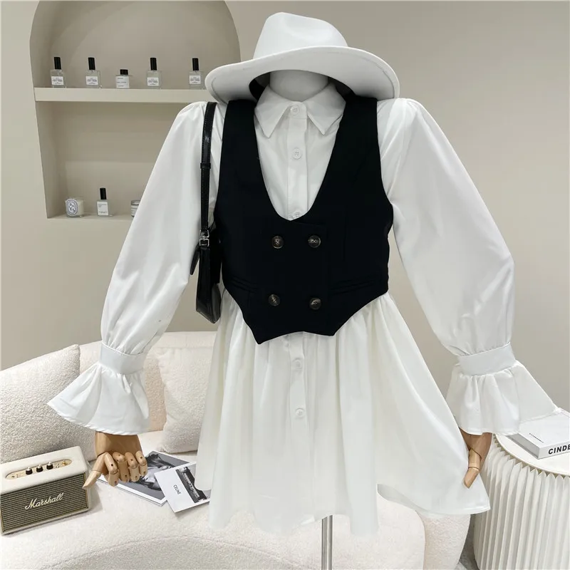 

Women's Spring Summer 2021 Fashion Temperament long sleeve shirt Dress Set with vest suit