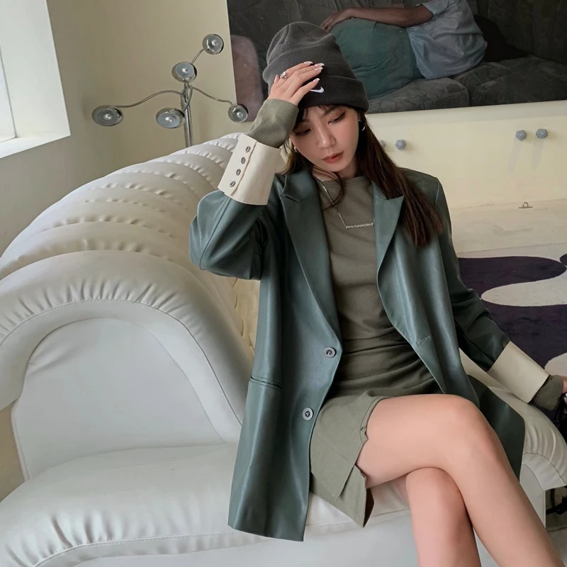 Women Faux Leather PU Blazer Jackets Vintage Casual Loose Korean Fashion Leathers Jacket Femme Casaco Feminino Jaqueta Chaquetas