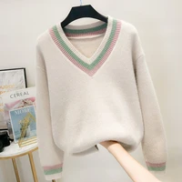 lazy wind student knitted bottoming sweater femal striped color matching sweet long sleeved v neck sweater pullover women spring