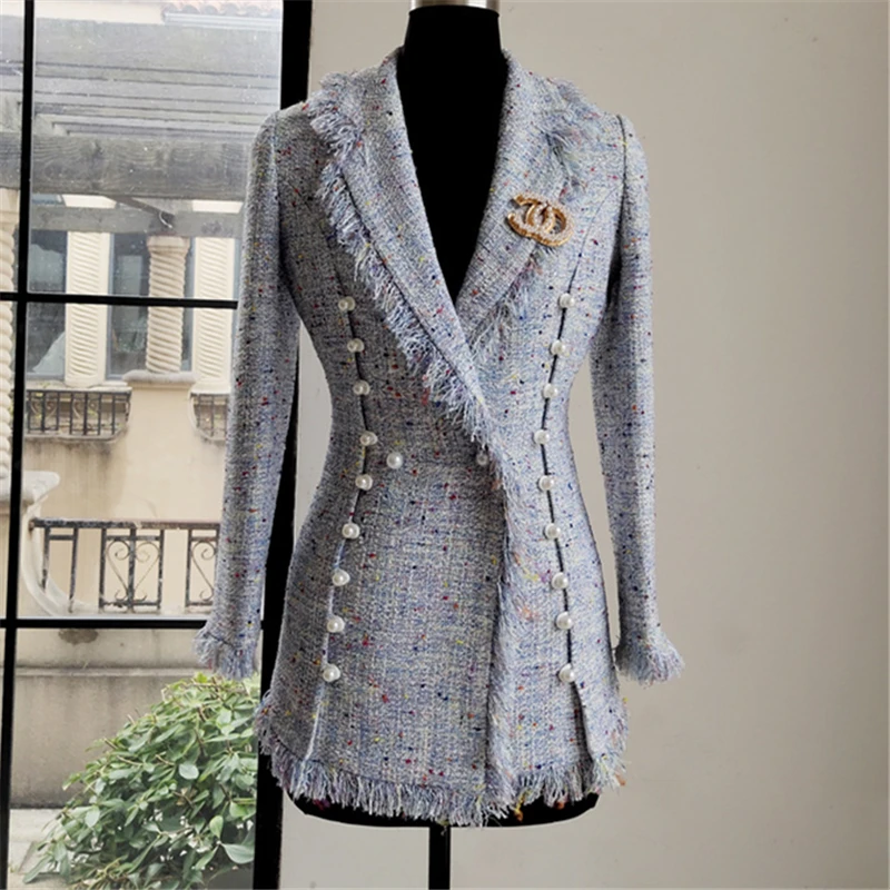 2019 осенне зимнее шерстяное пальто воротник костюма Женская ветровка с жемчужной