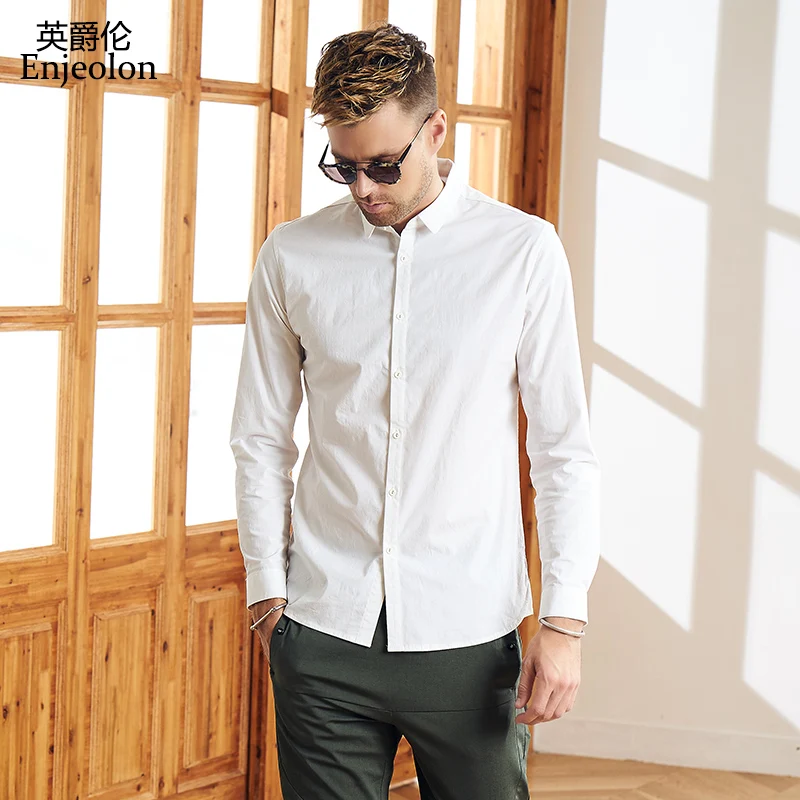 Enjeolon, бренд, Осенние хлопковые рубашки для мужчин, черные однотонные рубашки для мужчин, 3XL, блузка с длинным рукавом, рубашки для мужчин, CX2519-1 - Цвет: CX2515-1 White