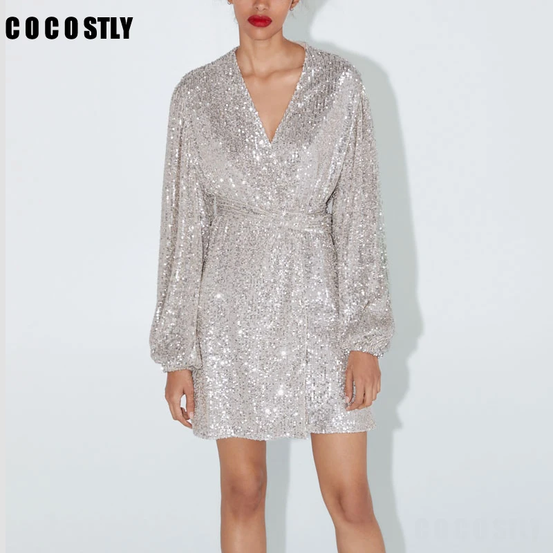 2019 осень платье с открытыми плечами сексуальное мини v образным вырезом для