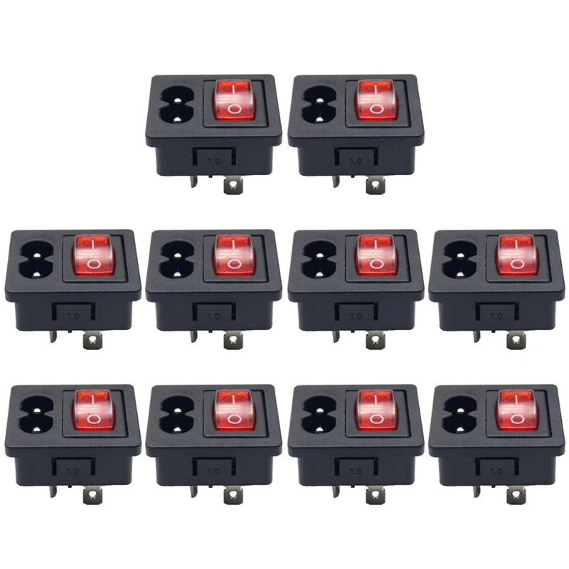 

10pcs IEC320 C8 Power Cord Inlet Socket receptacle ON-OFF Red Light Rocker Switch 250V 2.5A FOR Computer Amplifier K1KF
