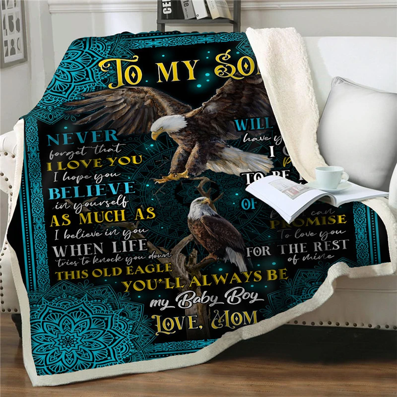 Throw Blanket Fashion Eagle 3D Printed Letter To My Son Sherpa Blanket Adult New Year Gift Travel Home Decoration Quilts Bedding