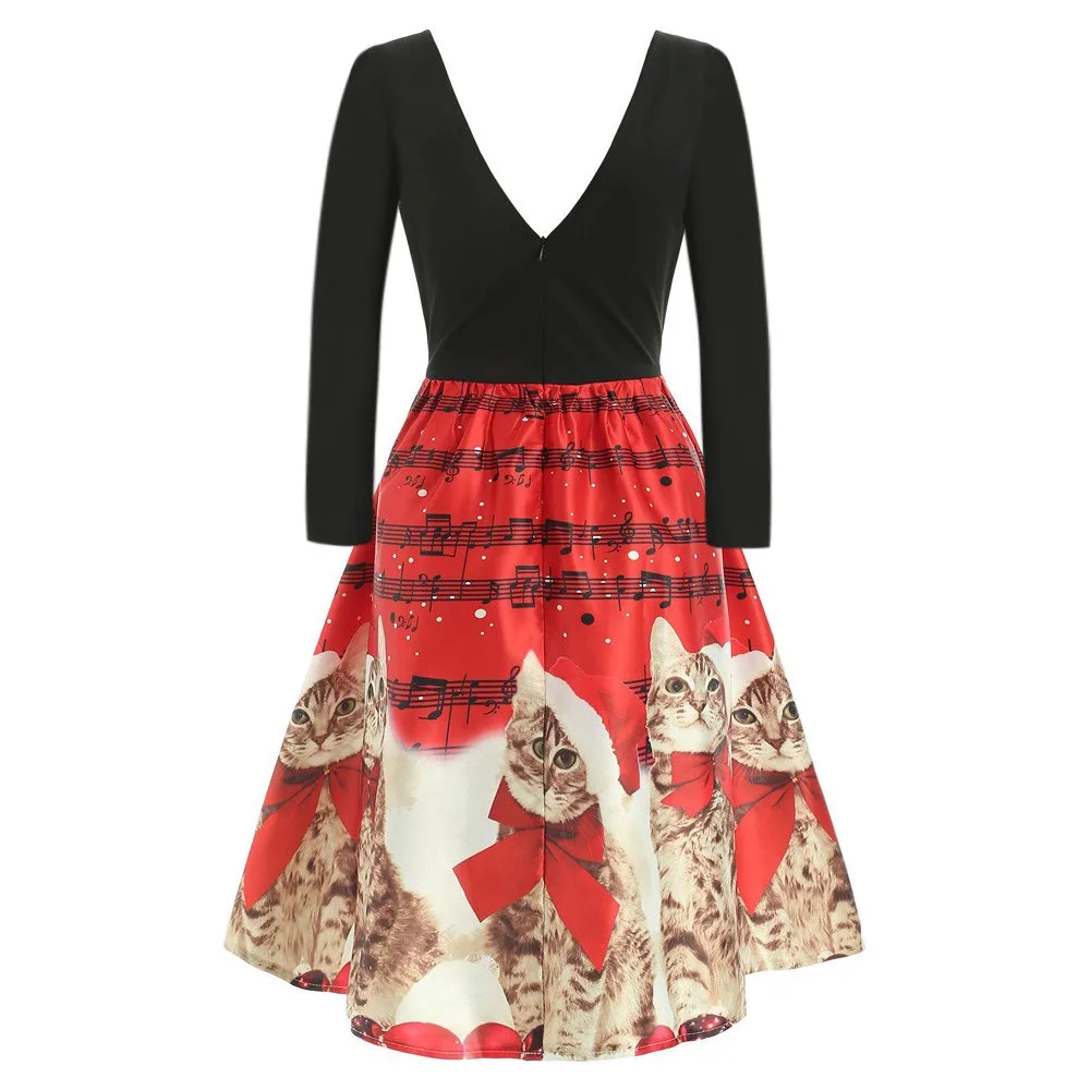2019 Women Cats Musical Notes Print Christmas Dress V Neck A Line Long Sleeve Vintage Party Vestidos De Fiesta Noche Mujer | Женская