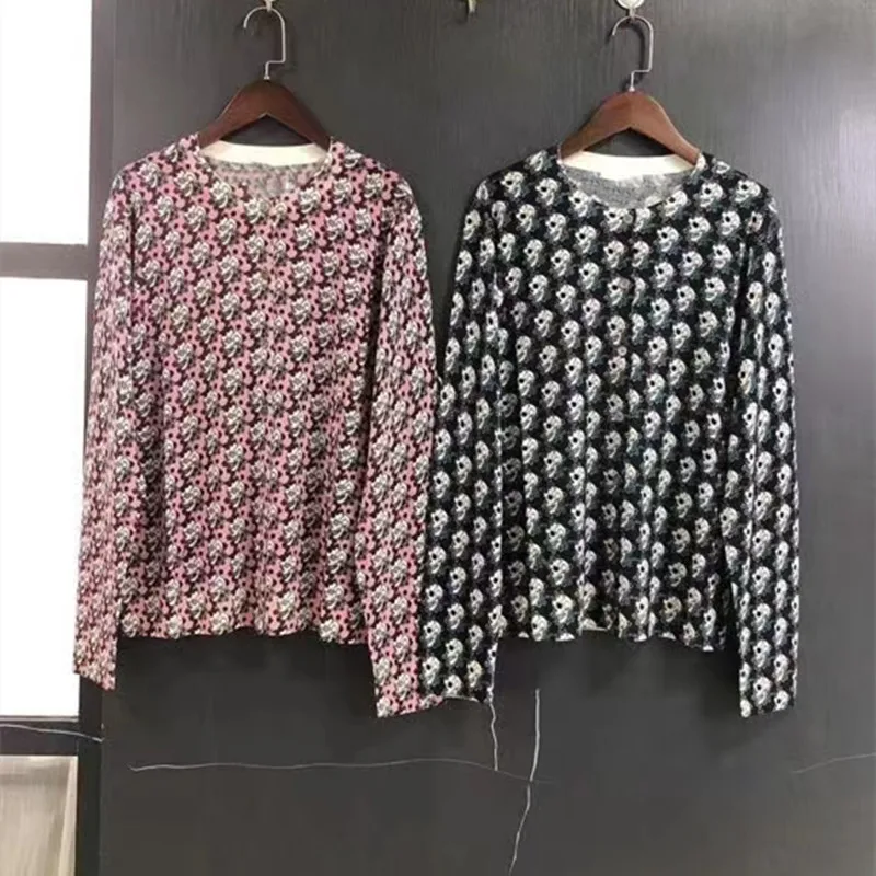 

Early Autumn 2021 Women Skull Printing Sweaters Long Sleeve Single Breasted O-Neck Casual 100% Wool Lady Vintage Knit Cardigans
